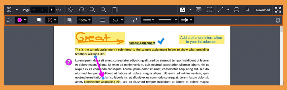 Screenshot of a shape example (arrow) in an annotated text and further customisation options via the menu bar at the top of the annotation page